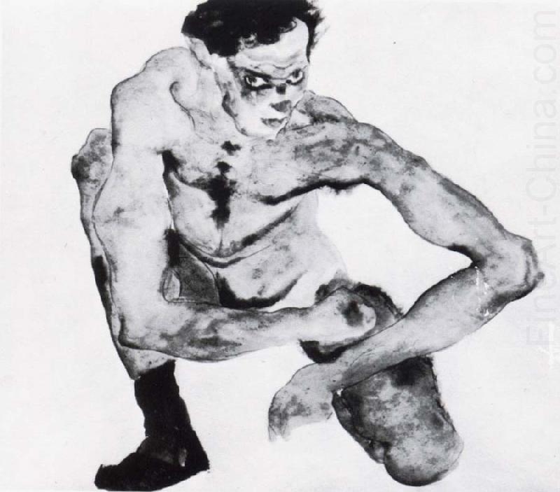 Squatting male nude with stockings, Egon Schiele
